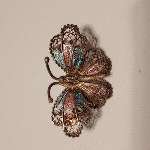 Vintage silver gold plated enamel filigree butterfly pin brooch stamp800